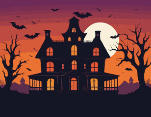 A spooky haunted house silhouette at sunset Vector