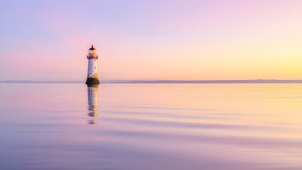 Lighthouse standing in calm water at sunset with pastel colors and soft reflections