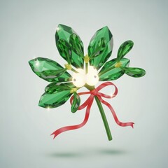 Decorative green crystal plant with multiple gemstone leaves and a red ribbon bow on a plain background perfect for jewelry or ornament displays