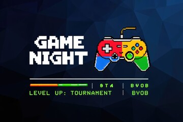 A vibrant game night poster design featuring console controller graphics and playful digital style text on a modern background. Generative AI.