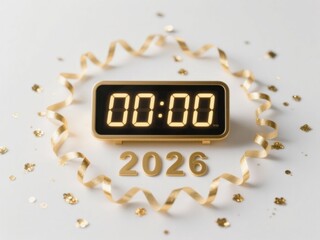 Gold New Year Celebration Wall Clock Displaying Midnight Time with Festive Decorations and Year 2026, Party Countdown Celebration Image