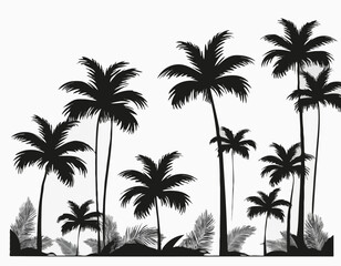 palm trees with leaves and black silhouettes isolated on a white background Vector