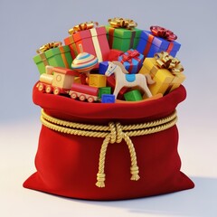 Colorful holiday gift bag filled with wrapped presents toys and a toy horse festive celebration decoration vibrant cheerful scene