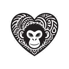 Bold Tribal Monkey Face Logo with Heart-Shaped Symmetry and Intricate Patterns. 