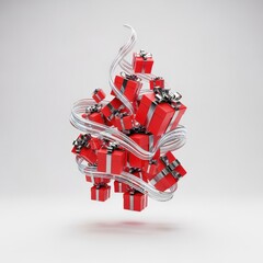 Festive Christmas Tree Made of Red Gift Boxes with Silver Ribbons and Decorative Silver Ribbon Twirling Around Presents
