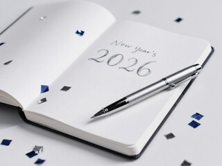 Open Notebook with "New Year's 2026" Handwritten Message and Silver Pen, Surrounded by Confetti for Celebratory New Year Event