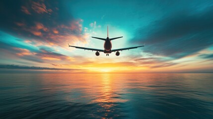 Silhouette of airplane descending over ocean at sunset