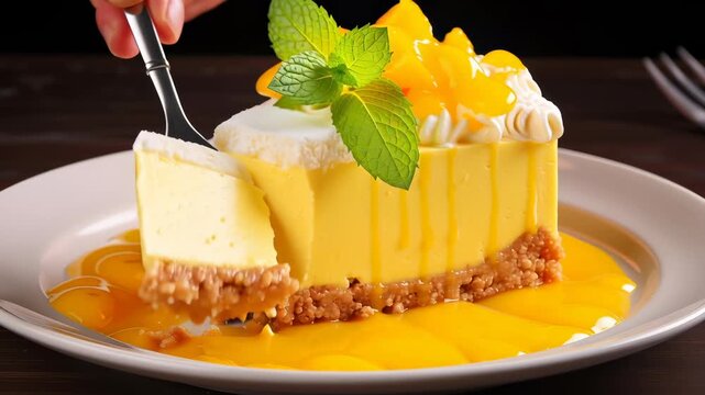 Slice of yellow mango cheesecake with crumble base, served on white plate with yellow sauce, garnished with mint leaves and mango pieces. Fork positioned near cake slice