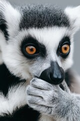 Close-up of a lemur with wide eyes and a hand over its mouth, set against a neutral grey background. Perfect for wildlife, humor, or emotion-themed promotions.