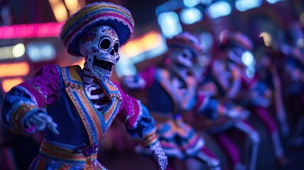 Colorful skeleton figures in vibrant costumes dancing joyfully, perfect for festive, cultural, or Halloween-themed promotions, capturing lively and playful energy.