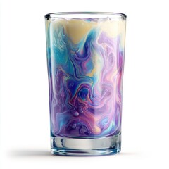 Vibrant artistic glass filled with a swirling purple milk drink, isolated on white. Perfect for creative beverage advertising, highlighting uniqueness and style.