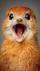 Close-up of a meerkat with a surprised expression on a grey background, showcasing vivid fur details. Perfect for wildlife, humor, or emotion-themed promotions.