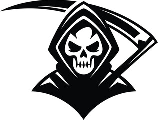 Scary black and white silhouette of the Grim Reaper holding a scythe, a classic symbol of death and fear for spooky Halloween and horror-themed designs.