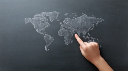 A hand pointing at a map of the world