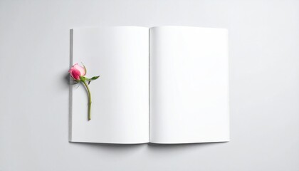 Top view of an open blank book with a delicate pink rosebud on a clean white background, symbolizing a new story or romance