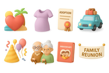 Naklejka premium Family celebration icons for reunion, anniversary, and milestones in colorful 3d style