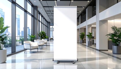 Modern office lobby with blank roll-up banner