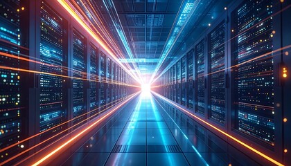 Futuristic data center interior, with servers in rows, radiating light trails, suggesting data flow and technology. Bright light at the end