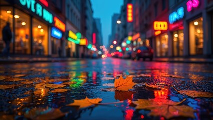 Night city street after rain with neon storefront reflections and a fallen autumn leaf on glossy pavement, moody urban bokeh scene. Generative AI.