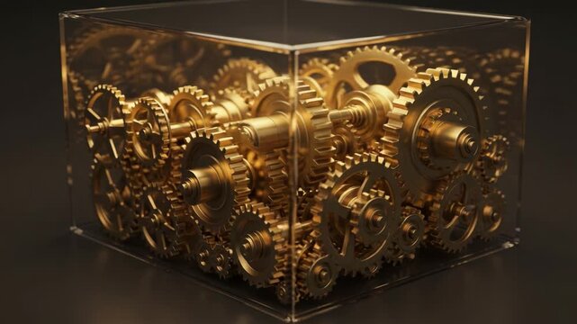 A Magnificent Close-Up of Intricate Golden Gears Inside a Transparent Box, Showcasing the Engineering Marvel and Mastery of Mechanics and Design.