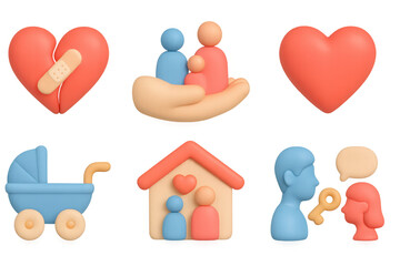 3d family and love icons: heart, care, and home theme for modern design