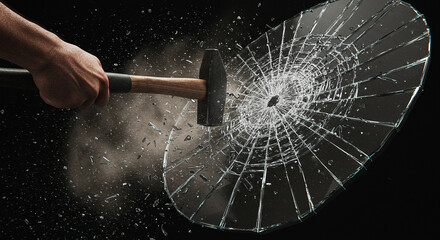 Hand holding a hammer striking glass pane causing it to shatter  