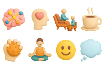 3d cartoon icons of wellness, mindfulness and communication in pastel colors