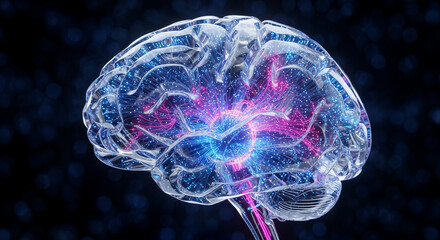 Abstract visualization of a human brain with glowing neural pathways and interconnected digital particles, representing artificial intelligence, neuroscience, and complex thought processes in a dark.