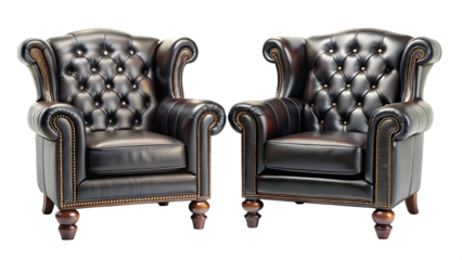 set of luxury black leather armchairs isolated on white background PNG,AI GENERATED