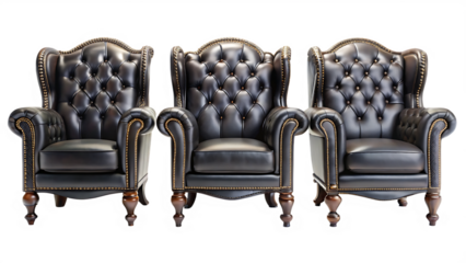 set of luxury black leather armchairs isolated on white background PNG,AI GENERATED