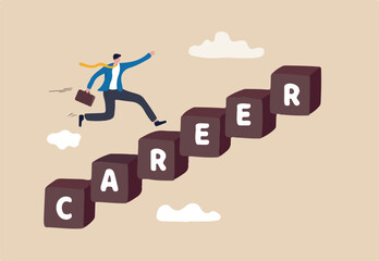 Career development, personal development or job promotion, work experience and responsibility growth concept, smart confident businessman running fast on career stairway rising up to achieve success.