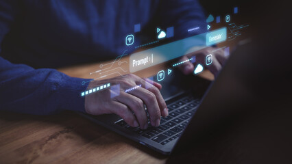 Artificial intelligence and machine learning concept with man typing prompt on laptop computer, AI content generation, digital innovation, natural language processing, and futuristic technology.