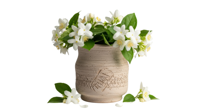 Jasmine flowers in a beige vase with green leaves isolated PNG with Transparent Background - Powered by Adobe