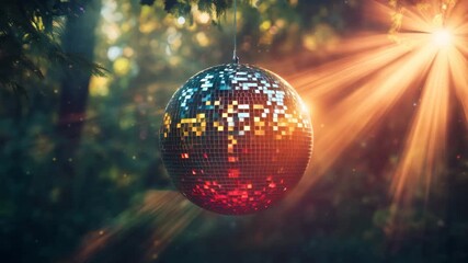 Disco ball hanging in trees with sun rays shining through 4k video - Powered by Adobe