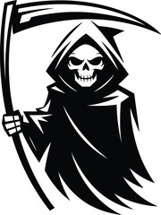 Scary black and white silhouette of the Grim Reaper holding a scythe, a classic symbol of death and fear for spooky Halloween and horror-themed designs.

