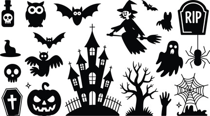 Set of various spooky black Halloween silhouettes including a haunted house, witch, pumpkins, bats, ghosts, and a black cat 