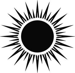 Spiky, abstract black and white silhouette of a radiating sun or starburst, a powerful and bold geometric symbol ideal for creative logo design, a stamp, or icon.
