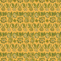 Banded Stripe Ikat Paisley Floral Seamless Pattern in Mustard Yellow and Olive