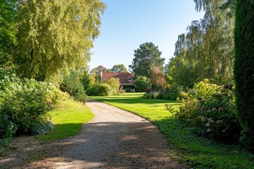 Fototapeta premium Pathway leads through a lush garden towards a charming house on a sunny day