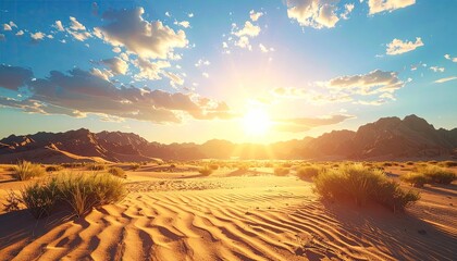 Golden Desert Landscape Under Blue Sky with Sunburst Bright Light Cinematic Voxel Art Open View Vast Expanse and Rolling Sand Dunes