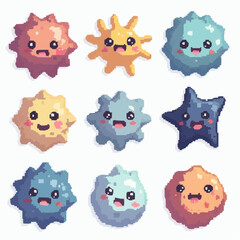 Fototapeta premium Collection of Cute Pixel Art Characters resembling Cartoonish Microbes or Viruses with Friendly Facial Expressions