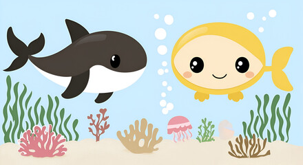 Fototapeta premium Cute cartoon illustration of a whale and a fish swimming in a vibrant underwater scene