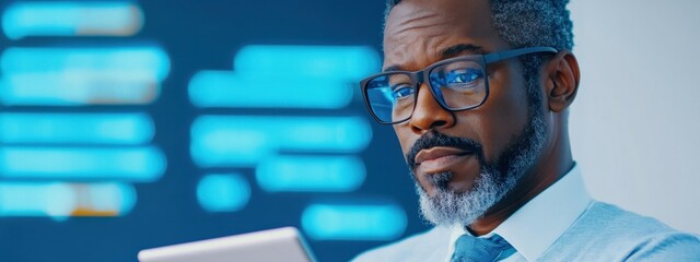 Professional Man with Glasses Using Tablet in Modern Office Setting