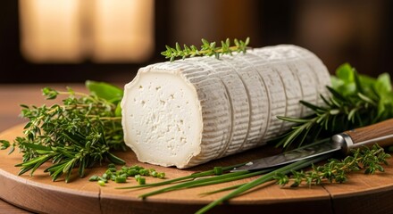 Artisan goat cheese log with fresh herbs on a wooden cutting board. Gourmet chèvre appetizer with thyme and rosemary.