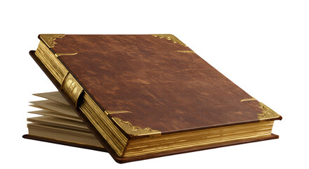 Obraz premium Brown leather-bound book with golden accents on a black backdrop. Use for fantasy book covers, historical references, or classical presentations.