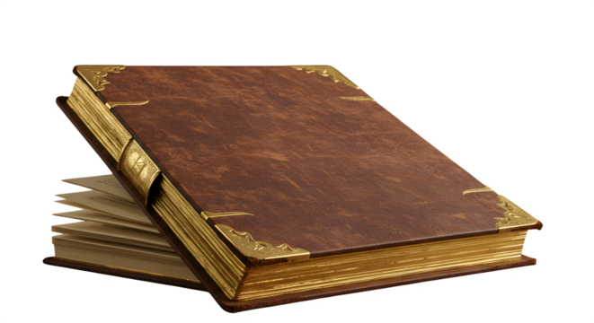 Brown leather-bound book with golden accents on a black backdrop. Use for fantasy book covers, historical references, or classical presentations.