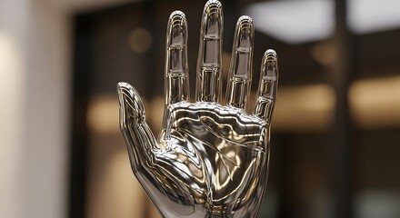 Futuristic metallic open hand symbolizing help assistance and connection