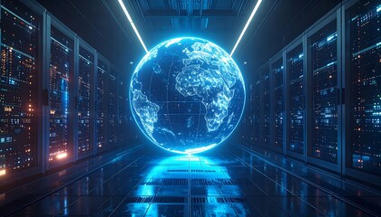 Futuristic data center scene with a glowing digital globe center stage, surrounded by servers and blue lighting
