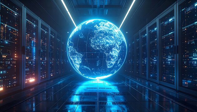 Futuristic data center scene with a glowing digital globe center stage, surrounded by servers and blue lighting