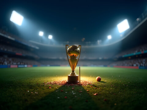 asia cup cricket trophy glowing on pitch in stadium night match